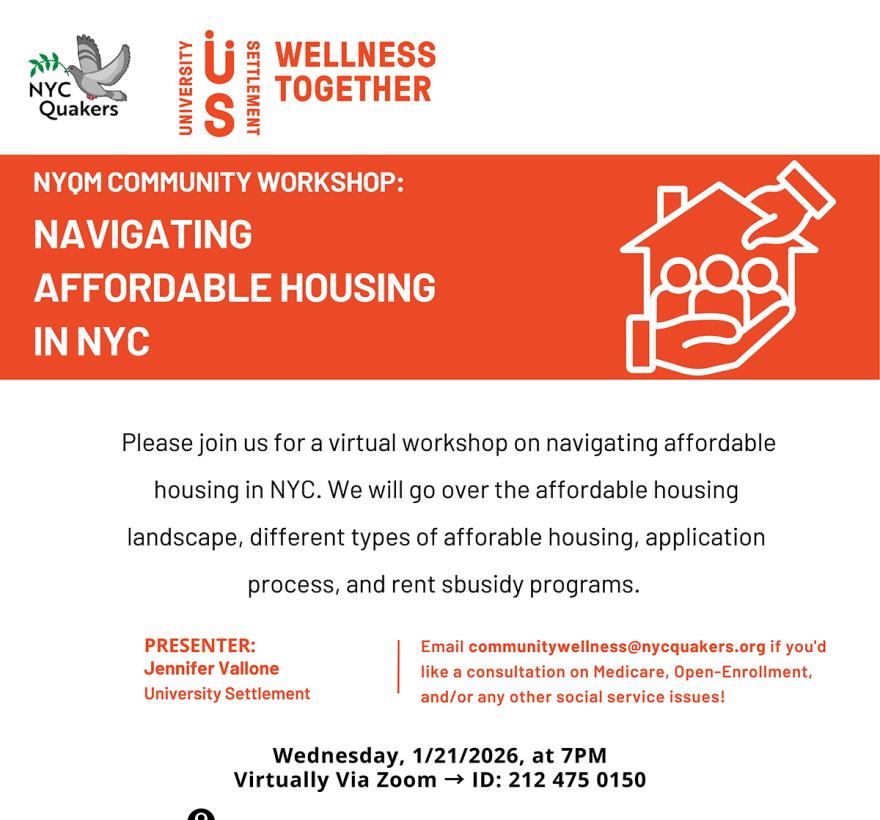 Navigating Affordable Housing in NYC - a community wellness workshop with University Settlement, Jan. 21, 2026, at 7:00 pm