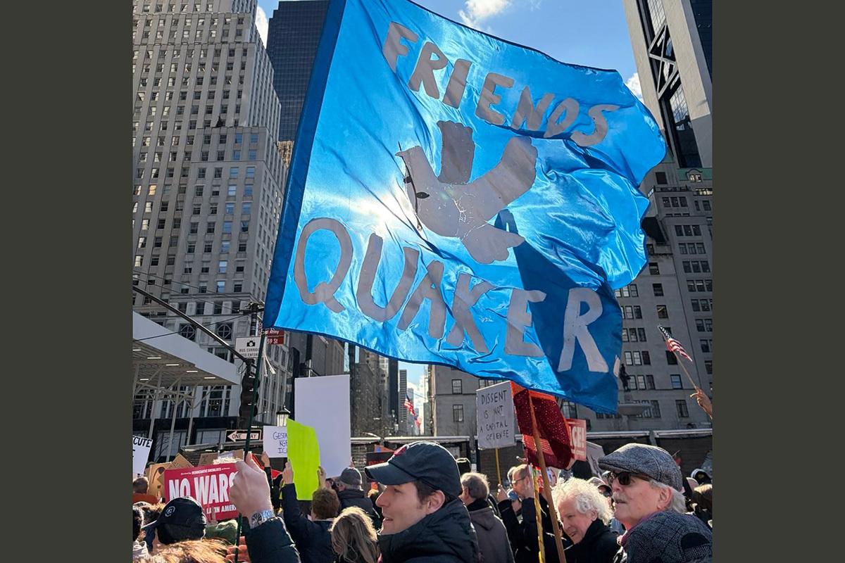 2026 01 Quakers banner No Wars No ICE protest