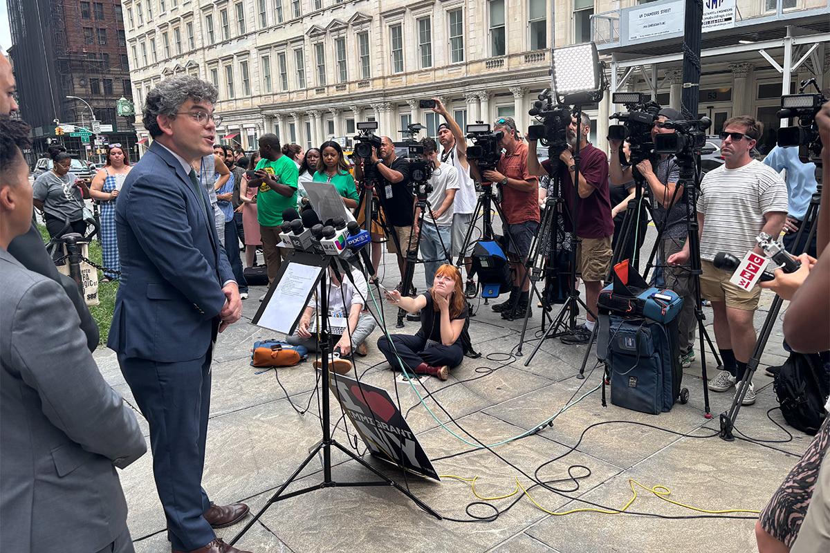NYC Councilmember for the area that includes Brooklyn Meetinghouse and Brooklyn Frontiers High School, Lincoln Restler, speaks at the Aug. 14 2025 press conference for Mouctar Diallo