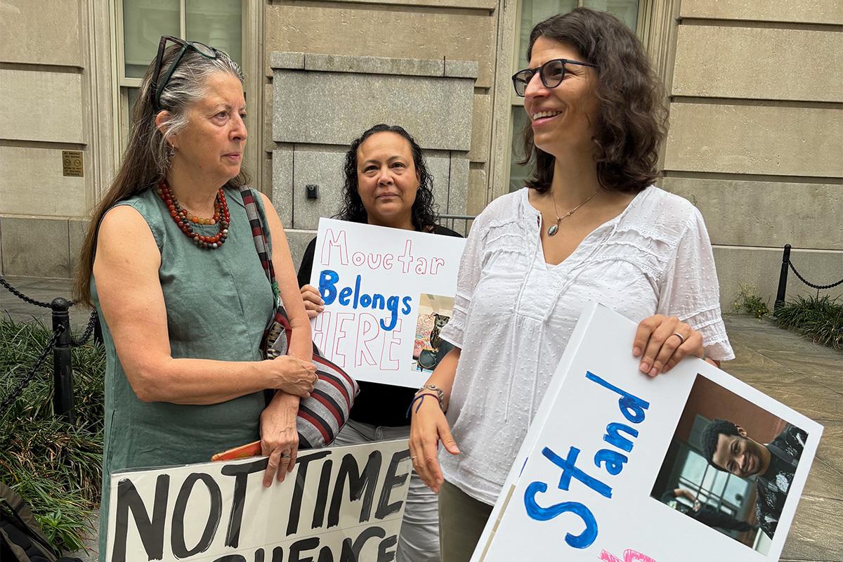 Katherine Alford of Morningside Meeting, and from Brooklyn Frontiers High School, Maria Sandoval, Assistant Principal Special Education, and Alona Cohen, Principal, talking before the rally on Aug 14 2025.