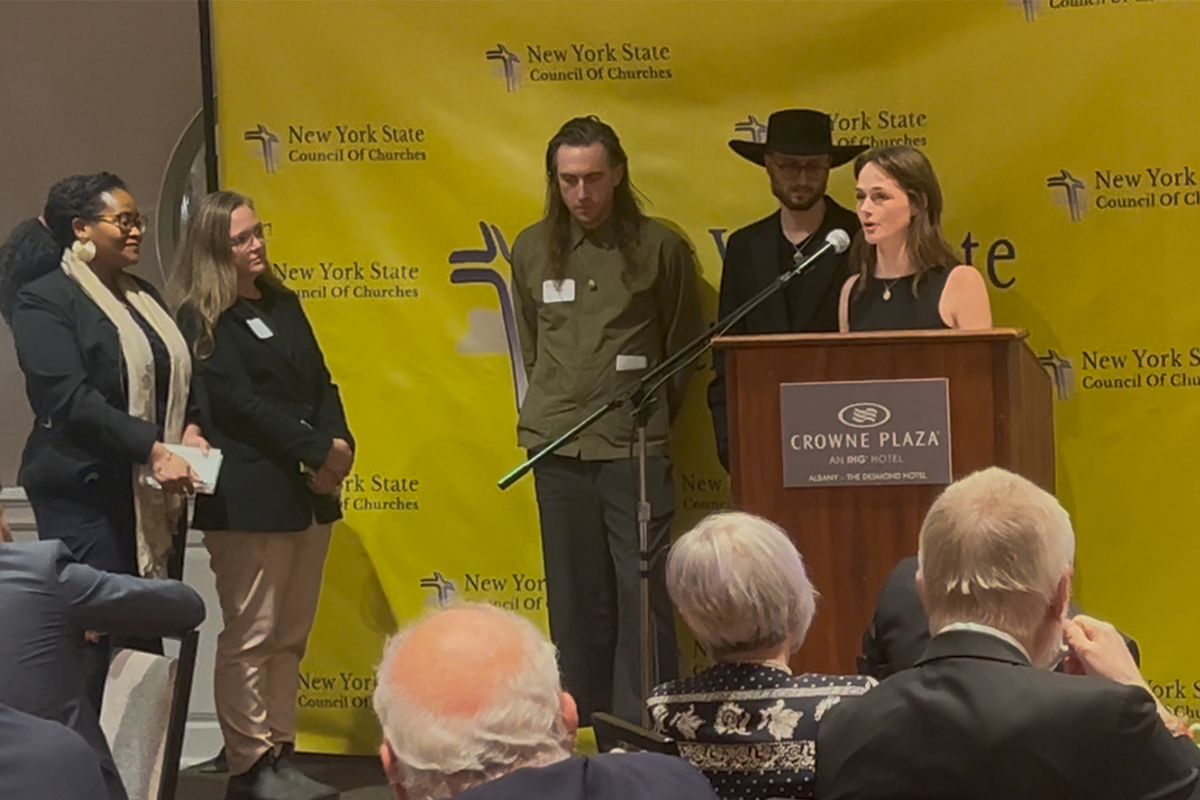 Jess Hobbs Pifer accepted the Excellence in Social Justice award for the Quaker Walkers to Washington at the New York State Council of Churches gala, November 12, 2025.