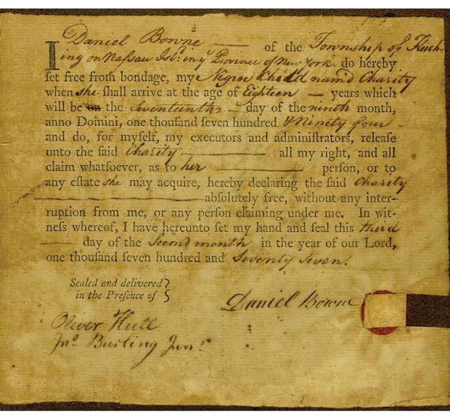 Delayed Manumission Document1777 Bowne House Archive