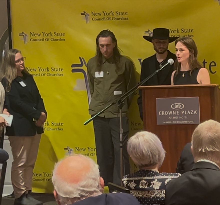 Jess Hobbs Pifer accepted the Excellence in Social Justice award for the Quaker Walkers to Washington at the New York State Council of Churches gala, November 12, 2025.