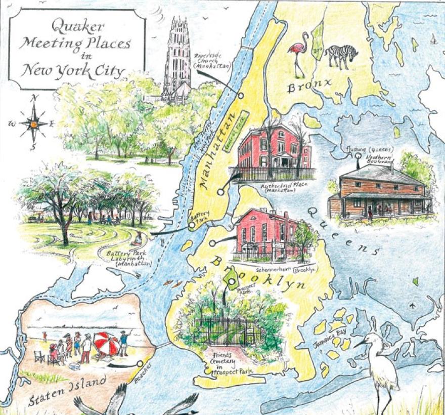 This is a hand drawn map of Quaker Meeting places in New York City.